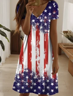 Sale Women's Patriotic Dress Mini Dress Casual Dress Stylish Casual Daily Regular Fit Flag Red White And Blue Short Sleeve Crew Neck Blue Summer Women Independence Day Dress