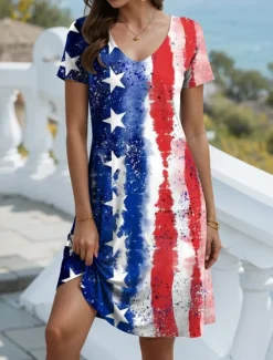 Outlet Women's Patriotic Dress Mini Dress Casual Dress Petite Dress T Shirt Dress Casual Vacation Birthday Casual Loose Fit Flag Red White And Blue Short Sleeve V Neck Women Independence Day Dress