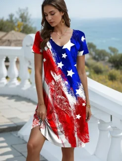 Outlet Women's Patriotic Dress Mini Dress Casual Dress Petite Dress T Shirt Dress Casual Vacation Birthday Casual Loose Fit Flag Red White And Blue Short Sleeve V Neck Women Independence Day Dress