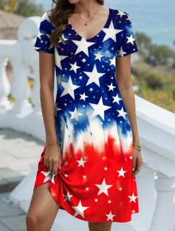 Outlet Women's Patriotic Dress Mini Dress Casual Dress Petite Dress T Shirt Dress Casual Vacation Birthday Casual Loose Fit Flag Red White And Blue Short Sleeve V Neck Women Independence Day Dress