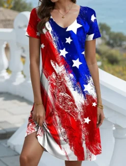 Outlet Women's Patriotic Dress Mini Dress Casual Dress Petite Dress T Shirt Dress Casual Vacation Birthday Casual Loose Fit Flag Red White And Blue Short Sleeve V Neck Women Independence Day Dress