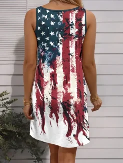 New Women's Patriotic Dress Mini Dress Petite Dress Sundress Tank Dress Summer Dress Casual Vacation Holiday Beach Regular Fit Flag Sleeveless Crew Neck Women Independence Day Dress