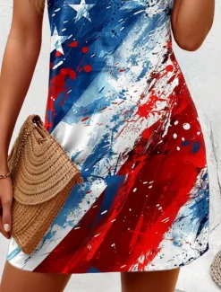 Discount Women's Patriotic Dress Mini Dress Sundress A Line Dress Off The Shoulder Dress Vacation Casual Boho Party Regular Fit Graphic Flag Abstract Sleeveless U Neck Women Independence Day Dress
