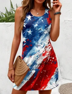 Discount Women's Patriotic Dress Mini Dress Sundress A Line Dress Off The Shoulder Dress Vacation Casual Boho Party Regular Fit Graphic Flag Abstract Sleeveless U Neck Women Independence Day Dress