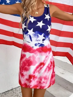 Clearance Women's Patriotic Dress Mini Dress Petite Dress A Line Dress Off The Shoulder Dress Vacation Casual Daily Loose Fit Graphic National Flag Sleeveless U Neck Summer Women Vacation Dresses|Independence Day Dress