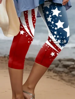 Discount Women's Patriotic Leggings Beach Shorts Vacation Vintage Fashion Calf-Length High Waist Pants Graphic Flag Flag Printing Stretchy Formal Vacation Street Slim Women Independence Day Bottoms|Leggings