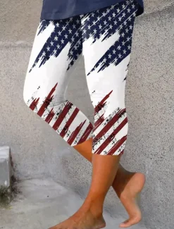 Outlet Women's Patriotic Leggings Beach Shorts Vacation Vintage Fashion Calf-Length High Waist Pants Graphic Flag American Flag Printing Stretchy Formal Vacation Street Women Independence Day Bottoms