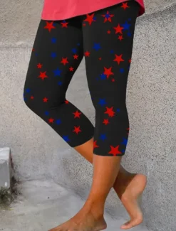 Clearance Women's Patriotic Leggings Beach Shorts Vacation Vintage Fashion Calf-Length High Waist Pants Graphic Star Printing Stretchy Formal Vacation Street Women Independence Day Bottoms|Leggings