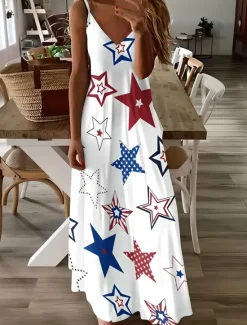 Women's Patriotic Maxi Dress A Line Dress Slip Dress Vacation Casual Daily Holiday Graphic American Flag Sleeveless V Neck Spaghetti Strap White Red Sky Blue Women Independence Day Dress