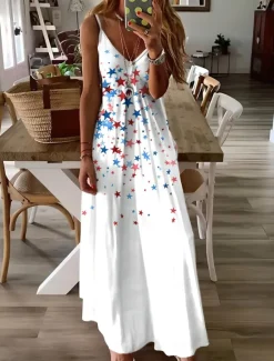 Women's Patriotic Maxi Dress A Line Dress Slip Dress Vacation Casual Daily Holiday Graphic American Flag Sleeveless V Neck Spaghetti Strap White Red Sky Blue Women Independence Day Dress