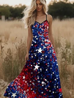 Sale Women's Patriotic Maxi Dress Sundress A Line Dress Slip Dress Vacation Casual Going out Beach Regular Fit Graphic Stars and Stripes National Flag Sleeveless V Neck Women Independence Day Dress