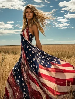 Clearance Women's Patriotic Maxi Dress A Line Dress Slip Dress Vacation Casual Boho Beach Form Fit Graphic Flag Vintage Sleeveless V Neck Summer Spring Women Independence Day Dress