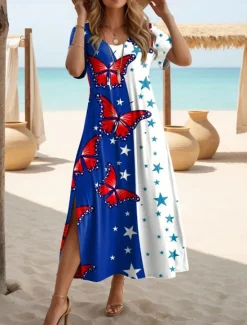 Hot Women's Patriotic Maxi Dress T Shirt Dress Tee Dress Sundress Casual Butterfly Sleeve Beach Regular Fit Graphic Stars and Stripes Short Sleeve Crewneck Red Blue Women Independence Day Dress