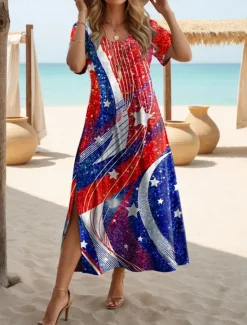 Hot Women's Patriotic Maxi Dress T Shirt Dress Tee Dress Sundress Casual Butterfly Sleeve Beach Regular Fit Graphic Stars and Stripes Short Sleeve Crewneck Red Blue Women Independence Day Dress