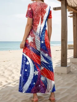 Hot Women's Patriotic Maxi Dress T Shirt Dress Tee Dress Sundress Casual Butterfly Sleeve Beach Regular Fit Graphic Stars and Stripes Short Sleeve Crewneck Red Blue Women Independence Day Dress