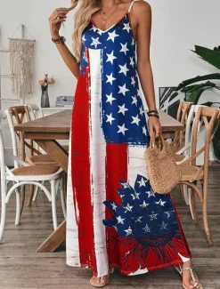 Hot Women's Patriotic Maxi Dress A Line Dress Slip Dress Vacation Casual Outdoor Going out Regular Fit Graphic American Flag Sleeveless V Neck Spaghetti Strap Women Vacation Dresses|Independence Day Dress