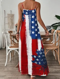 Hot Women's Patriotic Maxi Dress A Line Dress Slip Dress Vacation Casual Outdoor Going out Regular Fit Graphic American Flag Sleeveless V Neck Spaghetti Strap Women Vacation Dresses|Independence Day Dress