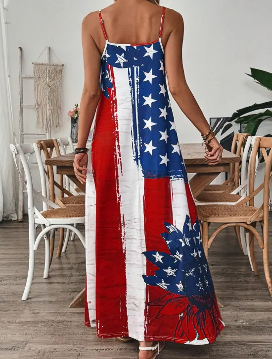 Hot Women's Patriotic Maxi Dress A Line Dress Slip Dress Vacation Casual Outdoor Going out Regular Fit Graphic American Flag Sleeveless V Neck Spaghetti Strap Women Vacation Dresses|Independence Day Dress