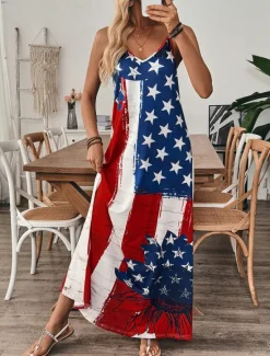 Hot Women's Patriotic Maxi Dress A Line Dress Slip Dress Vacation Casual Outdoor Going out Regular Fit Graphic American Flag Sleeveless V Neck Spaghetti Strap Women Vacation Dresses|Independence Day Dress