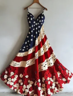 Online Women's Patriotic Maxi Dress Sundress A Line Dress Slip Dress Vacation Casual Going out Beach Regular Fit Graphic National Flag Sleeveless V Neck Summer Spring Women Independence Day Dress