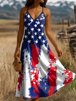 Women's Patriotic Maxi Dress A Line Dress Slip Dress Vacation Casual Daily Holiday Regular Fit Graphic American Flag Sleeveless V Neck Spaghetti Strap Women Independence Day Dress