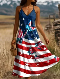 Women's Patriotic Maxi Dress A Line Dress Slip Dress Vacation Casual Daily Holiday Regular Fit Graphic American Flag Sleeveless V Neck Spaghetti Strap Women Independence Day Dress