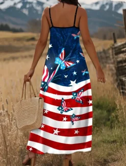 Women's Patriotic Maxi Dress A Line Dress Slip Dress Vacation Casual Daily Holiday Regular Fit Graphic American Flag Sleeveless V Neck Spaghetti Strap Women Independence Day Dress
