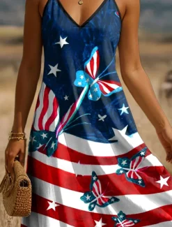 Women's Patriotic Maxi Dress A Line Dress Slip Dress Vacation Casual Daily Holiday Regular Fit Graphic American Flag Sleeveless V Neck Spaghetti Strap Women Independence Day Dress