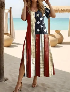 Discount Women's Patriotic Maxi Dress Long Sleeve Boho Dress Elegant Vintage Butterfly Sleeve Vacation Beach Regular Fit Flag Vintage Short Sleeve Crew Neck Blue Summer Women Independence Day Dress
