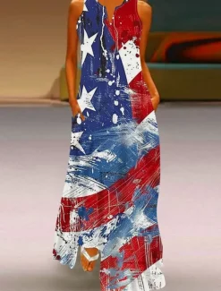 Outlet Women's Patriotic Maxi Dress Shift Dress Summer Dress Casual Daily Holiday Regular Fit Flag Sleeveless Crew Neck Wine Red Navy Blue Blue Summer Women Sundresses|Independence Day Dress