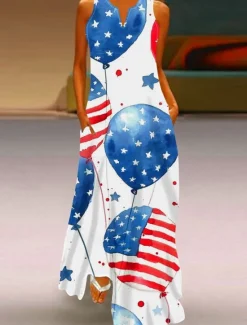 Outlet Women's Patriotic Maxi Dress Shift Dress Summer Dress Casual Daily Holiday Regular Fit Flag Sleeveless Crew Neck Wine Red Navy Blue Blue Summer Women Sundresses|Independence Day Dress