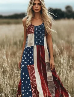 Discount Women's Patriotic Maxi Dress A Line Dress Dress Off The Shoulder Dress Vacation Casual Party Street Regular Fit Graphic Flag Sleeveless Square Neck Scoop Neck Red Blue Women Independence Day Dress