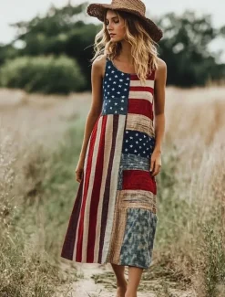 Discount Women's Patriotic Maxi Dress A Line Dress Dress Off The Shoulder Dress Vacation Casual Party Street Regular Fit Graphic Flag Sleeveless Square Neck Scoop Neck Red Blue Women Independence Day Dress