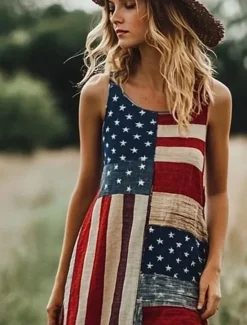 Discount Women's Patriotic Maxi Dress A Line Dress Dress Off The Shoulder Dress Vacation Casual Party Street Regular Fit Graphic Flag Sleeveless Square Neck Scoop Neck Red Blue Women Independence Day Dress