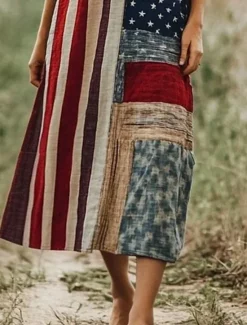 Discount Women's Patriotic Maxi Dress A Line Dress Dress Off The Shoulder Dress Vacation Casual Party Street Regular Fit Graphic Flag Sleeveless Square Neck Scoop Neck Red Blue Women Independence Day Dress