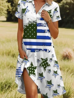 Best Women's Patriotic Midi Dress A Line Dress Vacation Casual Beach Daily Beach Regular Fit Graphic Stars and Stripes Short Sleeve V Neck Red Blue Purple Green Summer Women Independence Day Dress