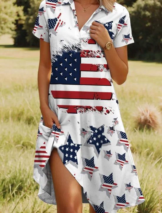 Best Women's Patriotic Midi Dress A Line Dress Vacation Casual Beach Daily Beach Regular Fit Graphic Stars and Stripes Short Sleeve V Neck Red Blue Purple Green Summer Women Independence Day Dress