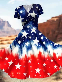Online Women's Patriotic Midi Dress Dress Fit And Flare Dress Party Casual Daily Holiday Graphic Flag Stars and Stripes Short Sleeve V Neck Royal Blue Blue Dark Blue Women Independence Day Dress