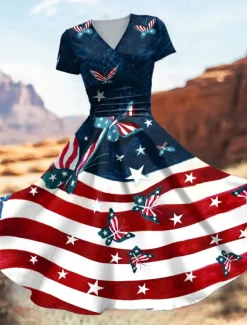Online Women's Patriotic Midi Dress Dress Fit And Flare Dress Party Casual Daily Holiday Graphic Flag Stars and Stripes Short Sleeve V Neck Royal Blue Blue Dark Blue Women Independence Day Dress