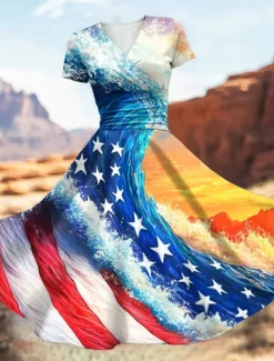 Online Women's Patriotic Midi Dress Dress Fit And Flare Dress Party Casual Daily Holiday Graphic Flag Stars and Stripes Short Sleeve V Neck Royal Blue Blue Dark Blue Women Independence Day Dress