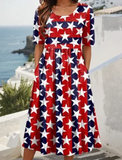Discount Women's Patriotic Midi Dress Summer Dress Pleated Dress Vacation Casual Holiday Loose Fit Graphic Striped American Flag Half Sleeve Crew Neck Red Blue Dark Blue Summer Women Independence Day Dress