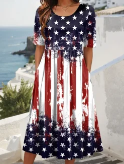 Discount Women's Patriotic Midi Dress Summer Dress Pleated Dress Vacation Casual Holiday Loose Fit Graphic Striped American Flag Half Sleeve Crew Neck Red Blue Dark Blue Summer Women Independence Day Dress