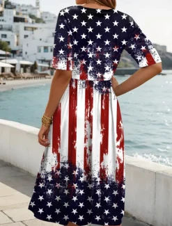 Discount Women's Patriotic Midi Dress Summer Dress Pleated Dress Vacation Casual Holiday Loose Fit Graphic Striped American Flag Half Sleeve Crew Neck Red Blue Dark Blue Summer Women Independence Day Dress