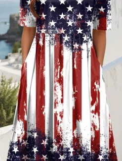 Discount Women's Patriotic Midi Dress Summer Dress Pleated Dress Vacation Casual Holiday Loose Fit Graphic Striped American Flag Half Sleeve Crew Neck Red Blue Dark Blue Summer Women Independence Day Dress