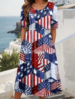 Discount Women's Patriotic Midi Dress Summer Dress Pleated Dress Vacation Casual Holiday Loose Fit Graphic Striped American Flag Half Sleeve Crew Neck Red Blue Dark Blue Summer Women Independence Day Dress