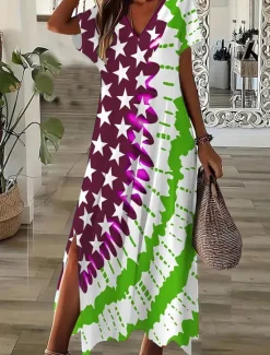Women's Patriotic Midi Dress T Shirt Dress Tee Dress Sundress A Line Dress Vacation Casual Outdoor Going out Beach Regular Fit Graphic Flag Short Sleeve V Neck Women Independence Day Dress