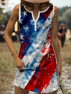 Online Women's Patriotic Mini Dress Sundress Summer Dress Casual Holiday Slim Graphic Flag Sleeveless V Neck Summer Spring Women Independence Day Dress|Sundresses