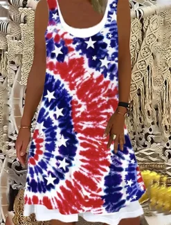 Best Women's Patriotic Mini Dress T Shirt Dress Tee Dress Sundress A Line Dress Vacation Casual Boho Daily Going out Loose Fit Graphic Flag Tie Dye Sleeveless U Neck Women Independence Day Dress|Sundresses