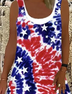 Best Women's Patriotic Mini Dress T Shirt Dress Tee Dress Sundress A Line Dress Vacation Casual Boho Daily Going out Loose Fit Graphic Flag Tie Dye Sleeveless U Neck Women Independence Day Dress|Sundresses