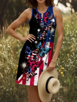 Outlet Women's Patriotic Mini Dress Sundress Summer Dress Casual Holiday Regular Fit Graphic Flag Butterfly Sleeveless V Neck Summer Spring Women Independence Day Dress|Sundresses